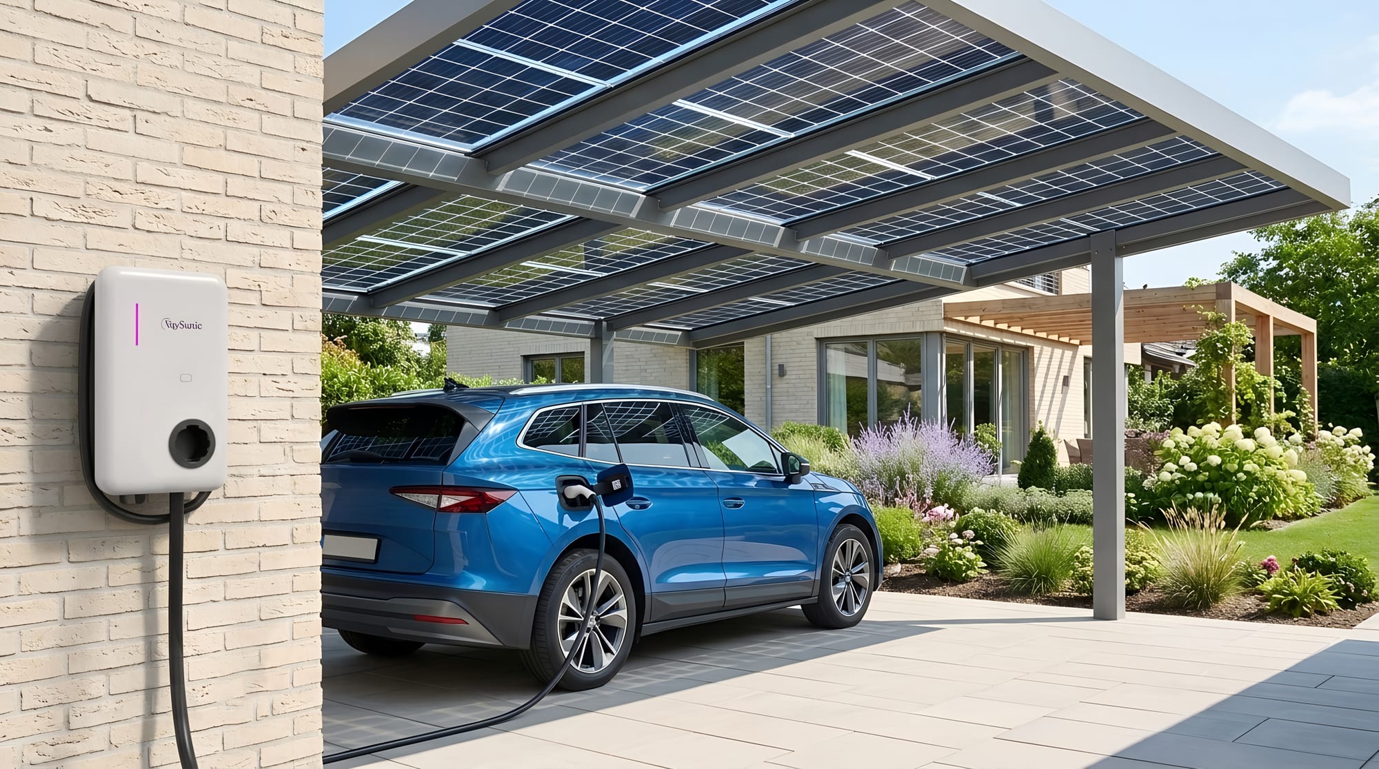 Borne murale ChargeFlow rechargeant un véhicule électrique sous un carport solaire
