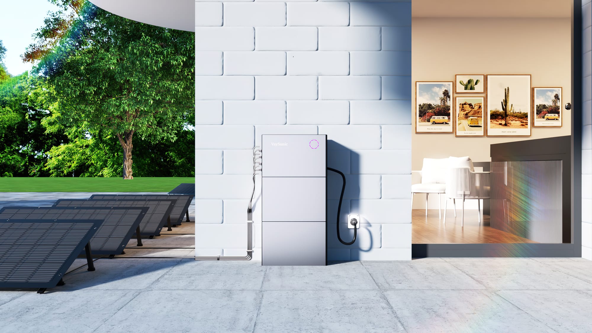 PowerCube installé en extérieur contre un mur de jardin